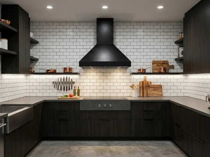 Coifa de parede preta instalada em ambiente moderno com revestimento branco e bancada