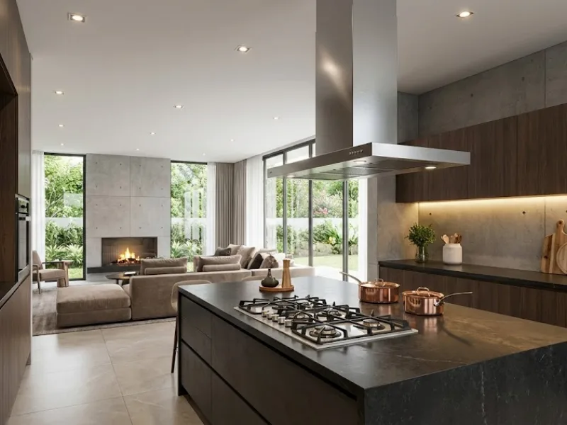 Coifa de ilha sob medida em inox instalada sobre bancada central em cozinha planejada